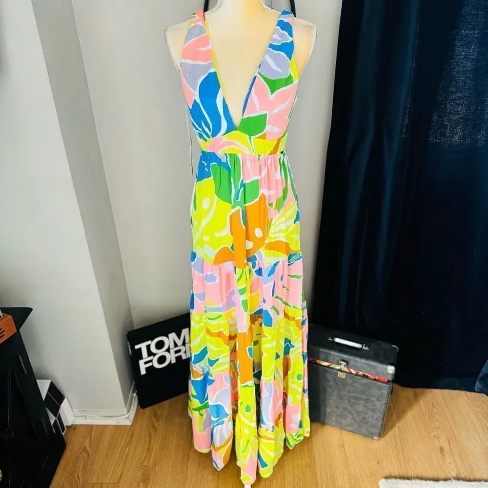 Maaji Selvatik Marea Knit Cover-Up Maxi Dress, Yellow/Blue‎ Size Small 2/4, NWT
